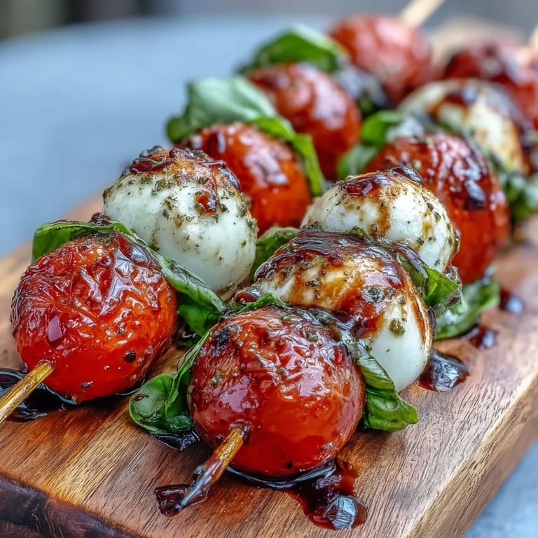 Colorful Caprese skewers appetizer glistening with balsamic drizzle, perfect for parties.