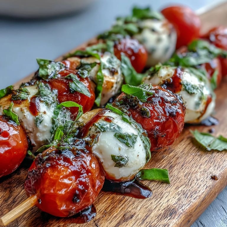 Juicy cherry tomato, mozzarella, basil Caprese skewers appetizer ready to impress guests.