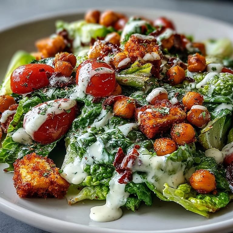 Creamy vegan Caesar salad topped generously with crunchy roasted chickpea croutons.