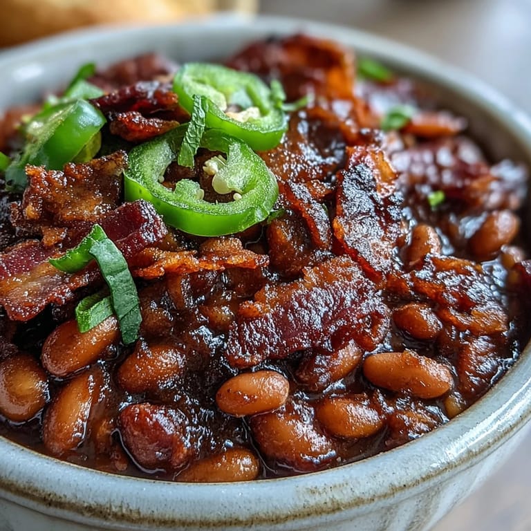 Deeply flavored Juneteenth BBQ Baked Beans with crispy bacon and rich molasses.