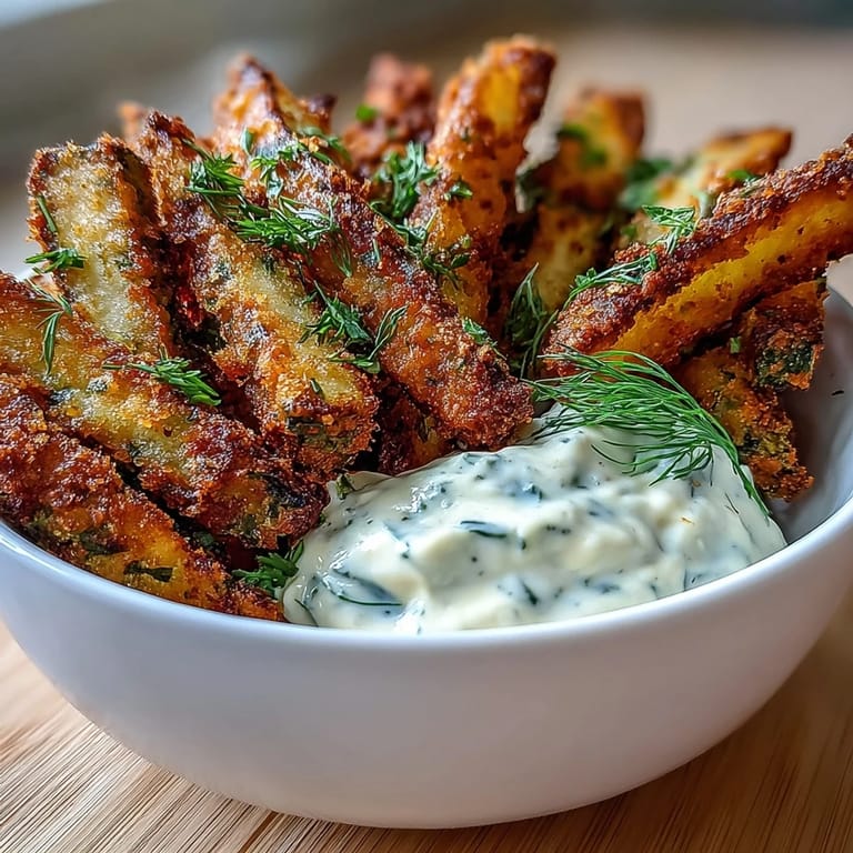 Golden pickle fries, hot from the air fryer, with a creamy dipping sauce.