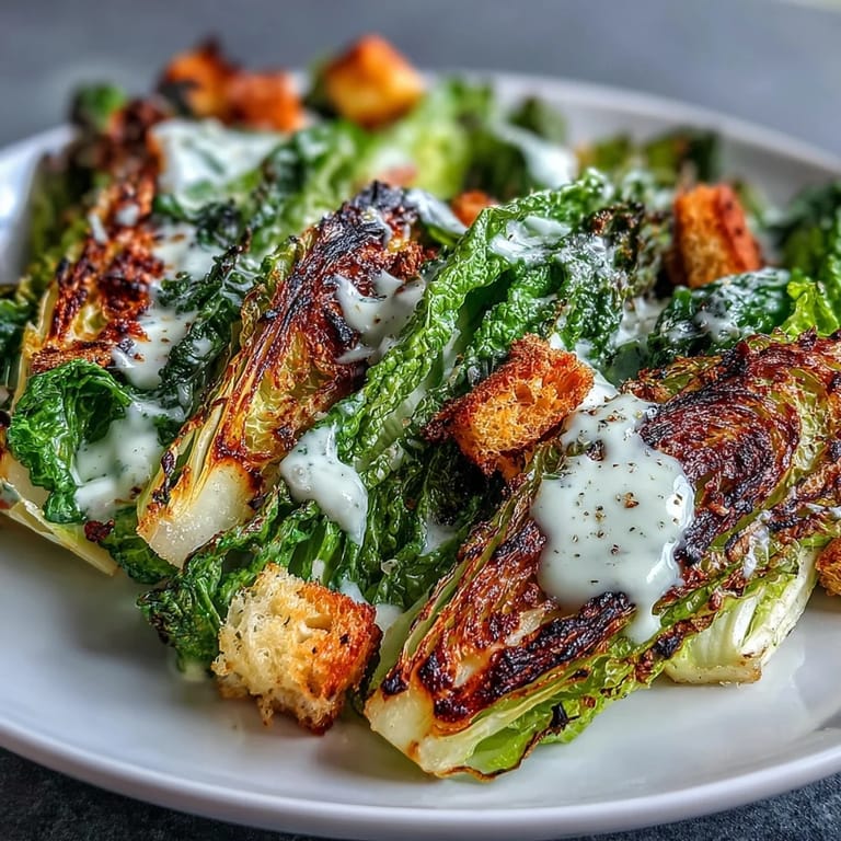Smoky Grilled Caesar Salad with shaved Parmesan and a rich, tangy dressing.