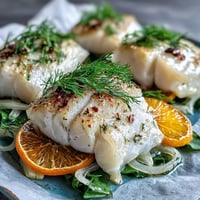 Brightly poached cod fillets nestled with tender fennel slices and sweet orange segments on a clean white plate, garnished with fresh herbs. 