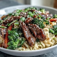 A steaming bowl of Korean Beef Noodles with tender flank steak and colorful vegetables.