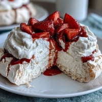 Crisp, golden meringue shells topped with clouds of whipped cream and ruby-red strawberries, a dreamy spring dessert.