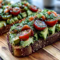 A colorful brunch spread featuring avocado toast with smoked salmon, fresh veggies, and herbs for sharing.