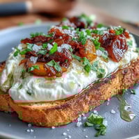 Honey Peach Burrata Toast with golden peaches and creamy cheese on rustic bread.