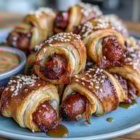 Golden baked crescent-wrapped sausages served with a tangy honey Dijon dipping sauce.  