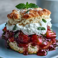 Fluffy buttermilk biscuits layered with sweet strawberries, fresh basil, and whipped cream for a refreshing twist on classic shortcake.