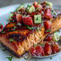 Grilled salmon with strawberry avocado salsa served on a white plate, juicy fillets topped with vibrant red and green salsa and fresh herbs.