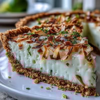Creamy coconut lime tart with graham cracker crust, topped with whipped cream and toasted coconut.