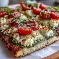 Viral Cottage Cheese Flatbread with Pesto and Tomato, golden and crispy, topped with vibrant basil pesto and fresh cherry tomatoes.
