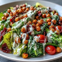 Vegan Caesar salad with crispy chickpeas, fresh romaine, and creamy dressing.