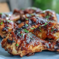 Grilled BBQ Chicken Drumsticks with Spicy Peach Glaze and caramelized sticky coating.